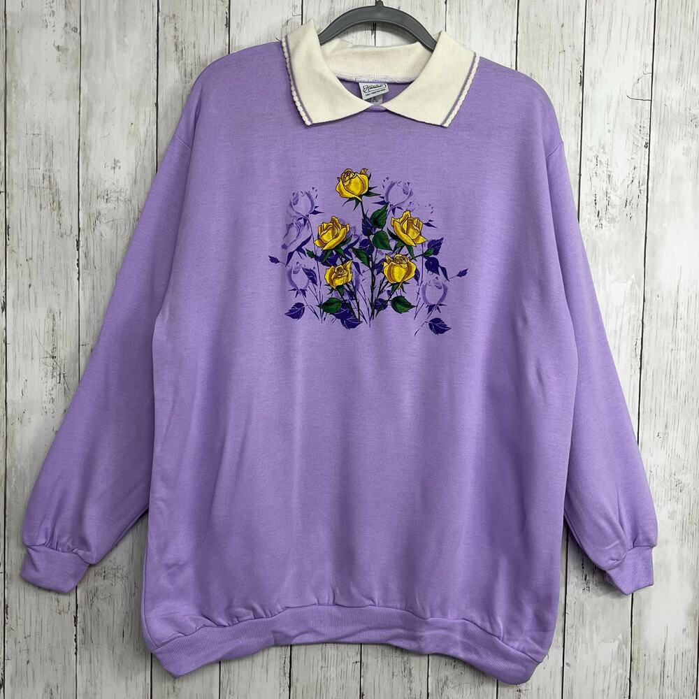 Vintage Haband Purple Floral Yellow Rose Bouquet Long Sleeve Collar Sweatshirt